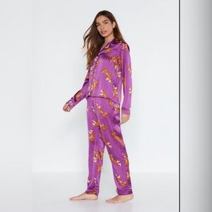 Nasty Gal Pajama Set Drive Me Wild Tiger Satin Purple Button Up US 8